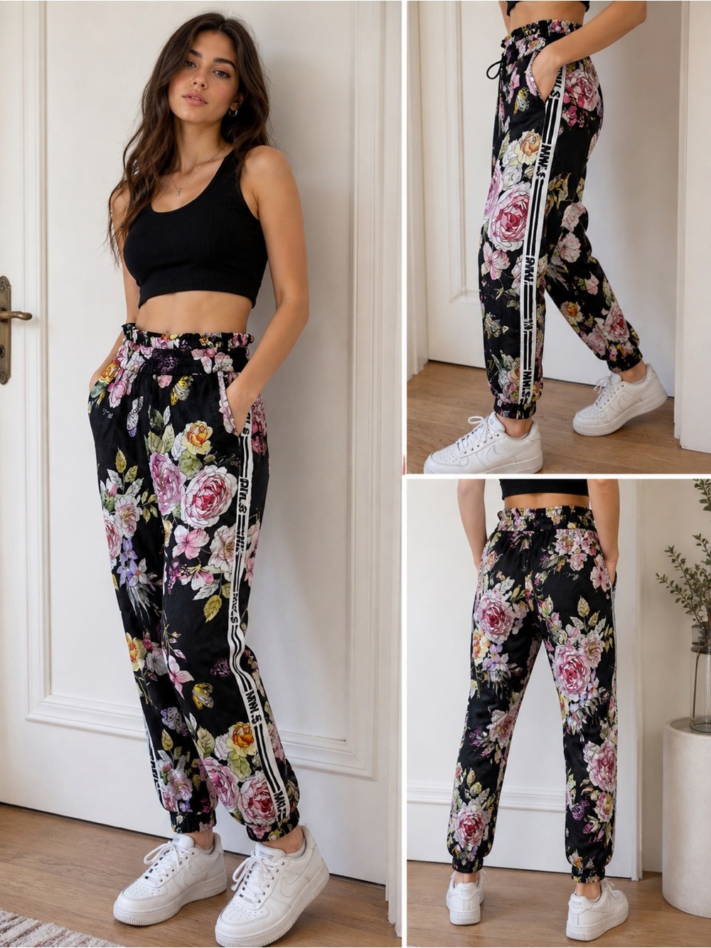 NWT Monnalisa Garden Bouquet Floral Jogger Pants XS Black Rose Print